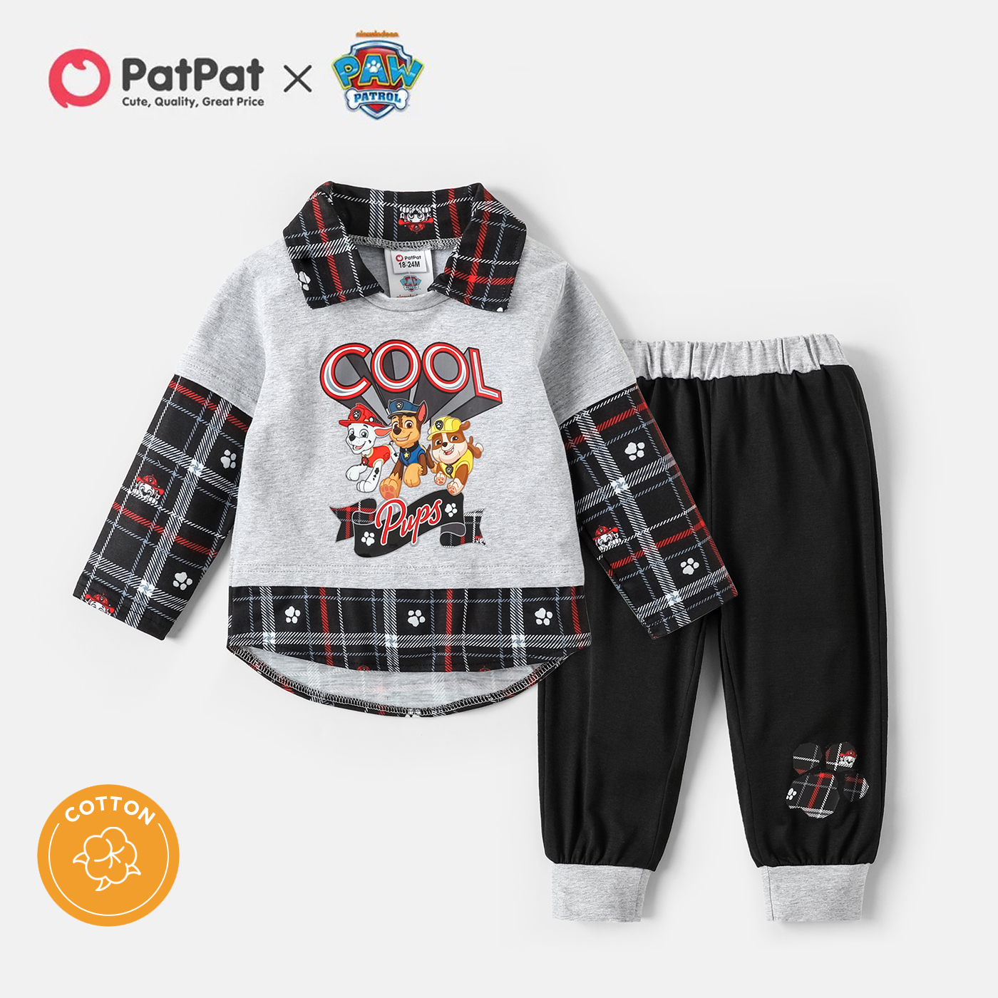 

PAW Patrol 2pcs Toddler Boy 2 in 1 Lapel Collar Plaid Cotton Sweatshirt and Pants Set