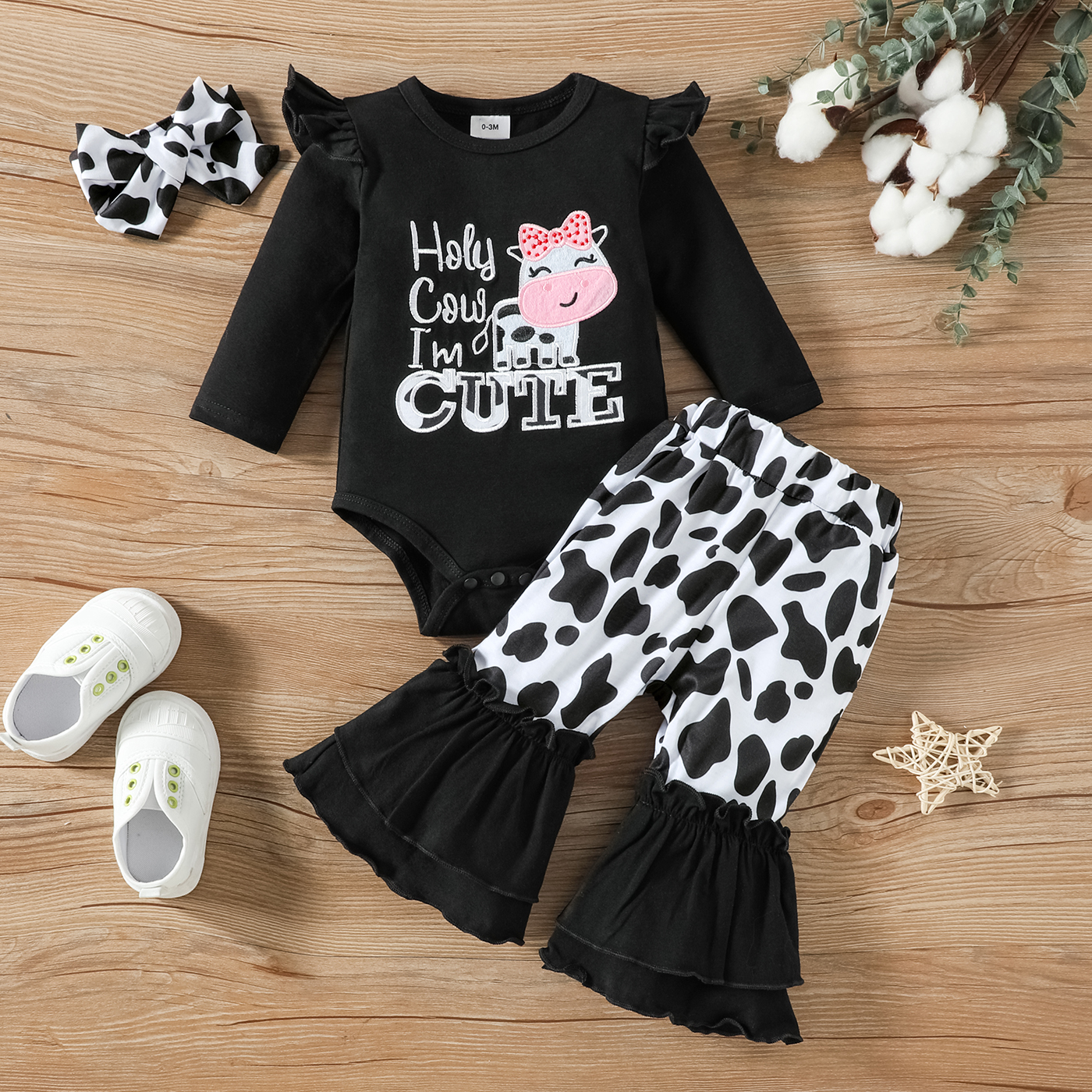 

3pcs Baby Girl 95% Cotton Long-sleeve Letter Embroidered Romper and Cow Print Flared Pants with Headband Set