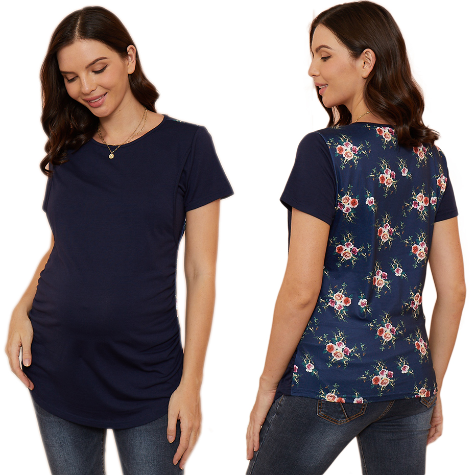 

Maternity Round collar Floral full print Short-sleeve Nursing Tee