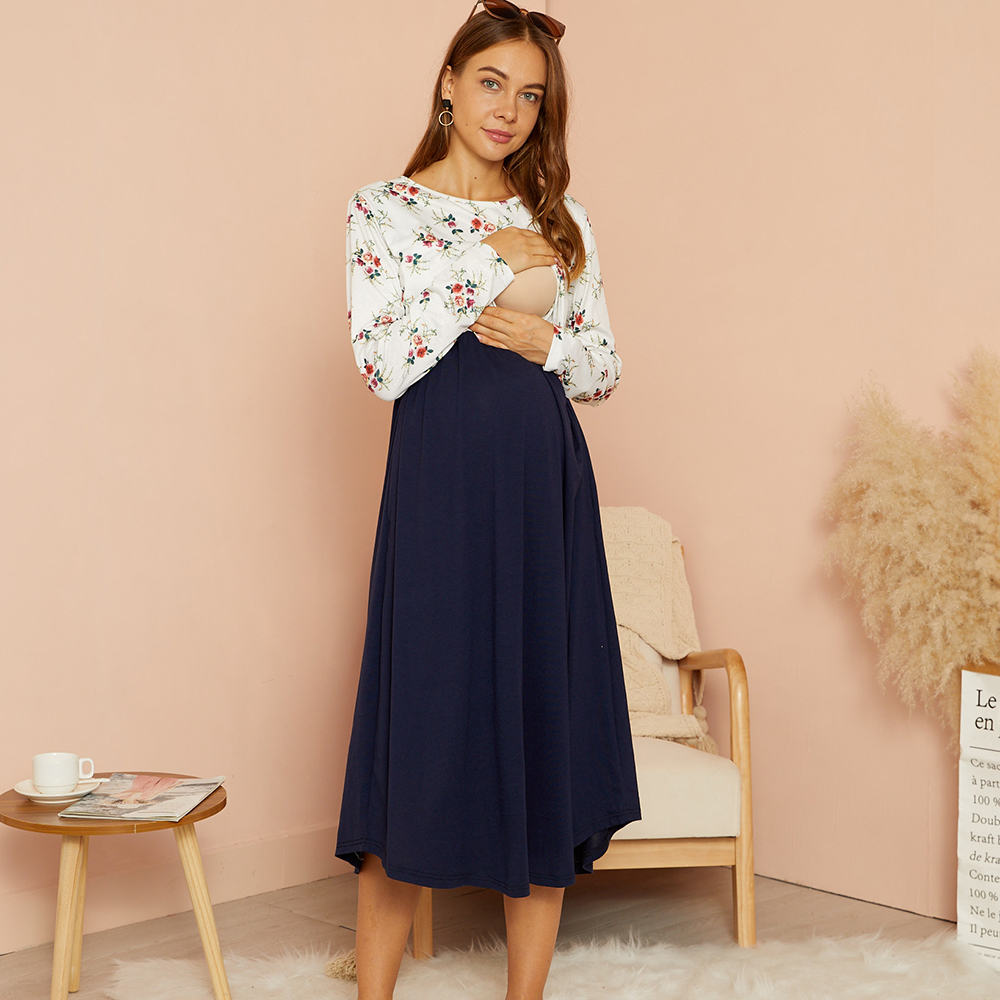

Nursing casual Color Block Print Round collar X Long-sleeve Nursing Dress