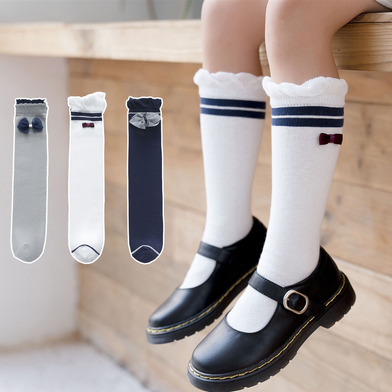 

Toddler / Kid Bow Decor Striped Crew Socks