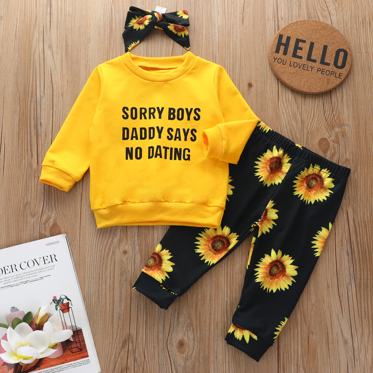 

3pcs Sunflower and Letter Print Long-sleeve Baby Set