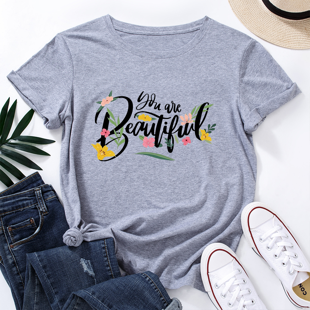 

casual Letter Floral Print Round collar Short Sleeve T-shirt