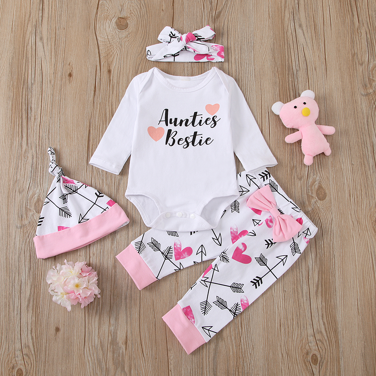 

4pcs Baby Girl Sweet Heart-shaped Baby's Sets Romper Fashion Long Sleeve Infant Clothing Outfits
