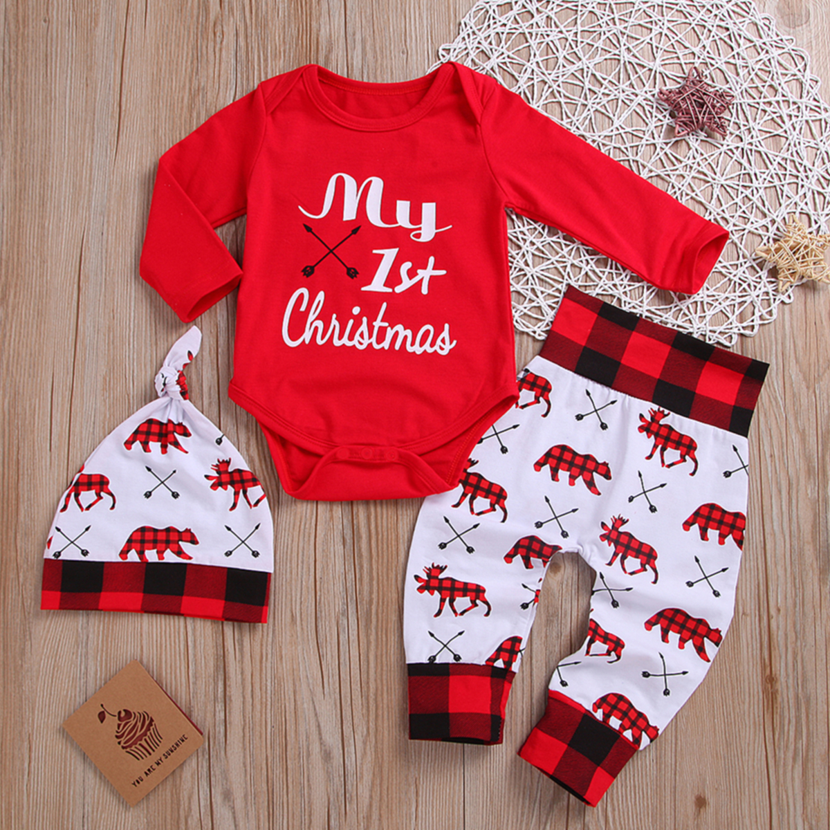 

Baby 3pcs Christmas Letter and Animals Print Red Long-sleeve Set