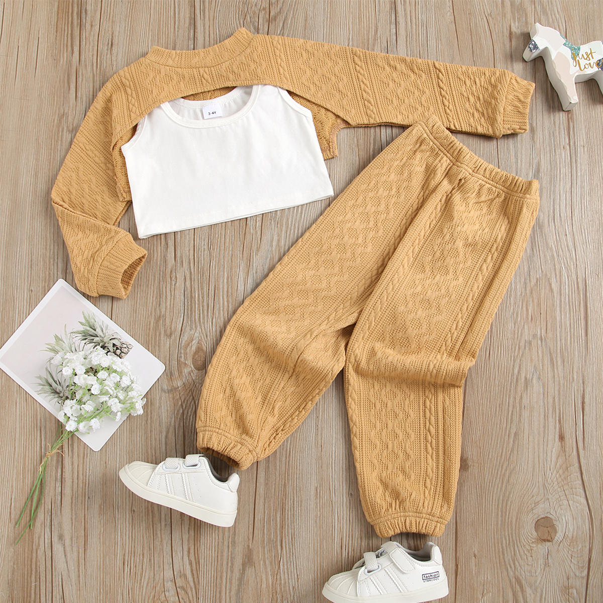 

3-piece Toddler Girl White Tank, Cable Knit Waistless Crop top and Elasticized Pants Set