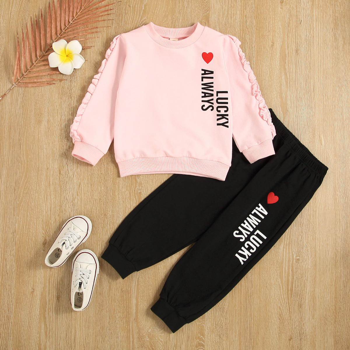 

2-piece Toddler Girl Letter Heart Print Ruffled Pink Pullover Sweatshirt and Pants set
