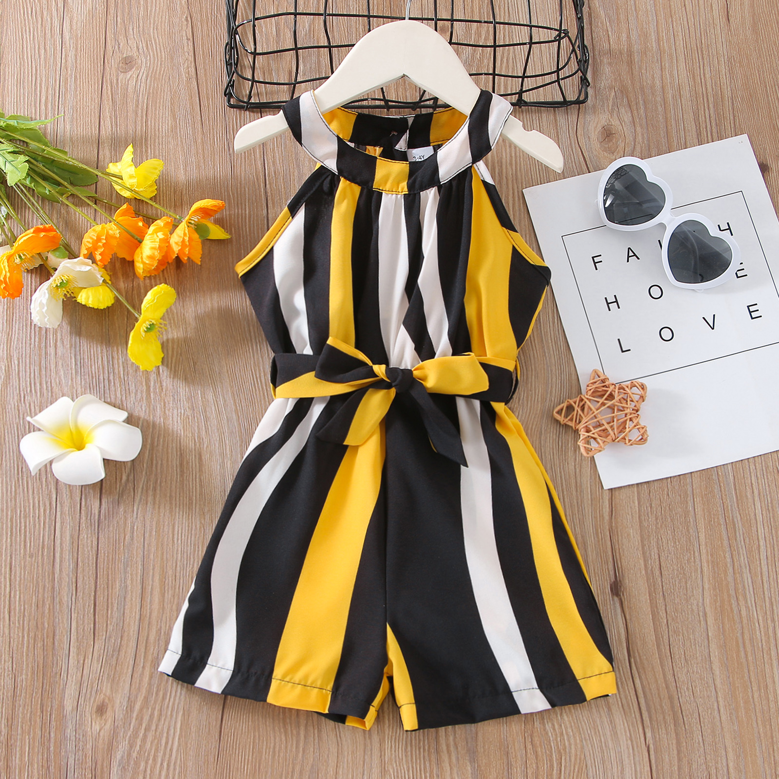 

Toddler Girl Stripe Colorblock Back Button Design Belted Halter Rompers