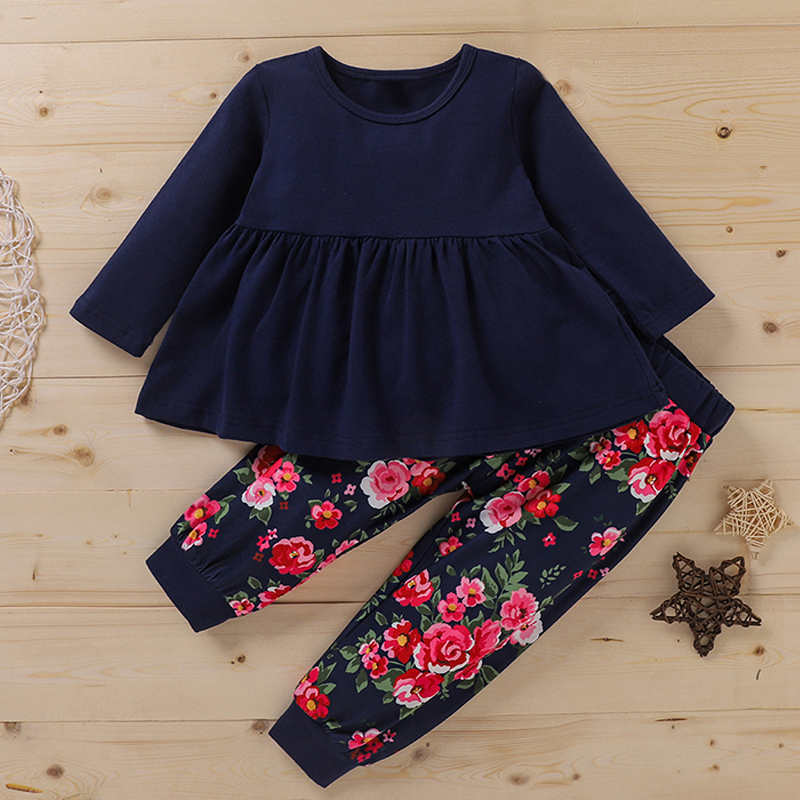 

2-piece Baby / Toddler Solid Long-sleeve Top and Print Pants Set