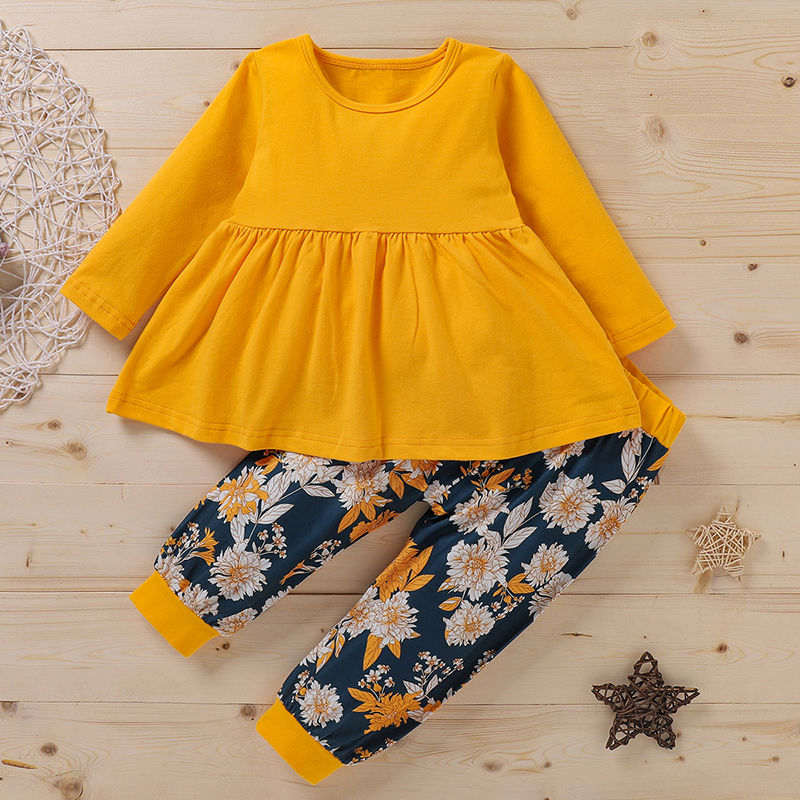 

2-piece Baby / Toddler Solid Long-sleeve Top and Print Pants Set