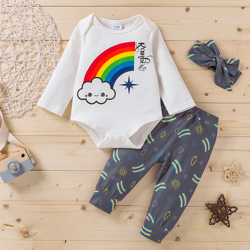 

3pcs Baby Girl Sweet Rainbow Baby's Sets Romper Cotton Fashion Long Sleeve Infant Clothing Outfits