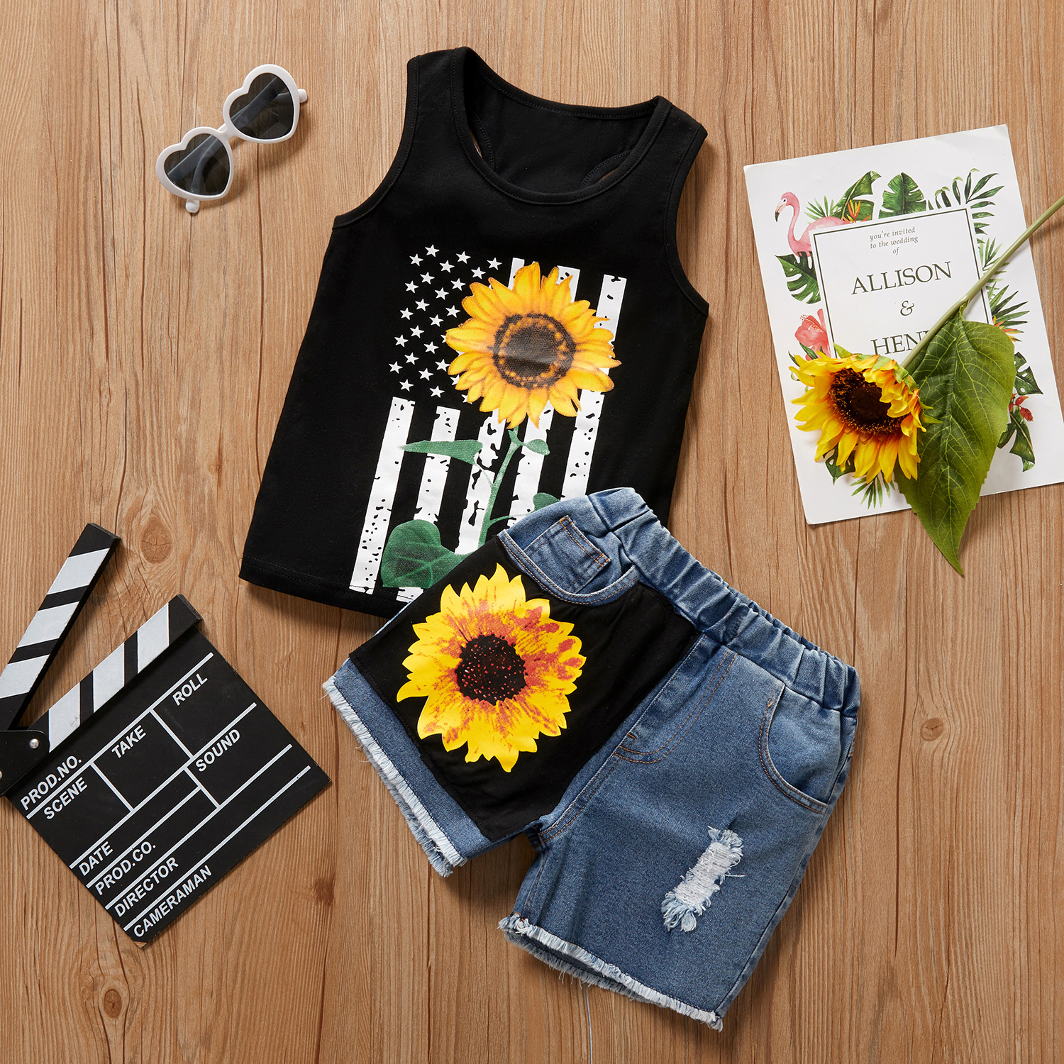 

2-piece Toddler Boy Sunflower Print Tank and Denim Shorts Set