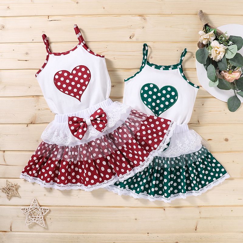 

2pcs Baby Girl Sleeveless Heart-shaped Polka dots Print Cotton & Polyester Baby's Sets
