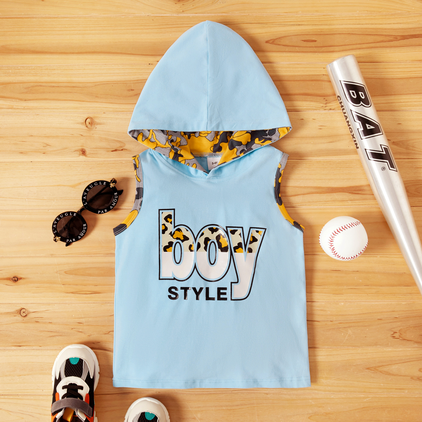 

Toddler Boy Letter Camouflage Hooded Sleeveless Top