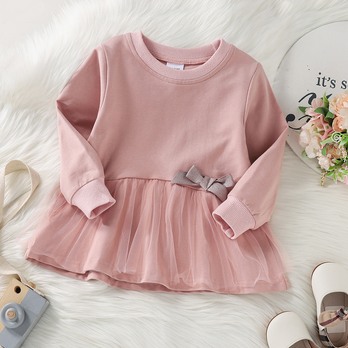 

Toddler Girl Bowknot Decor Mesh Splice Pullover Sweatshirt