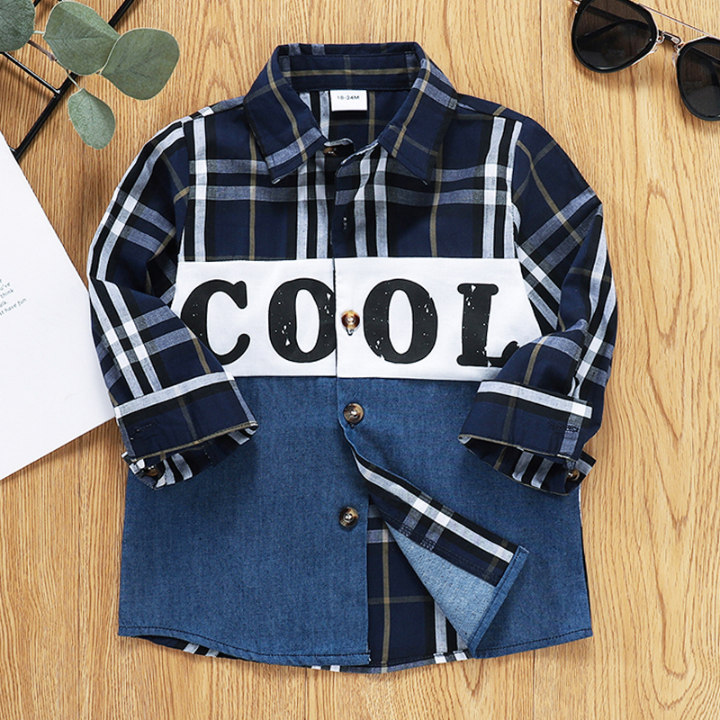 

Toddler Girl Letter Print Lapel Collar Button Down Plaid Denim Stitching Shirt