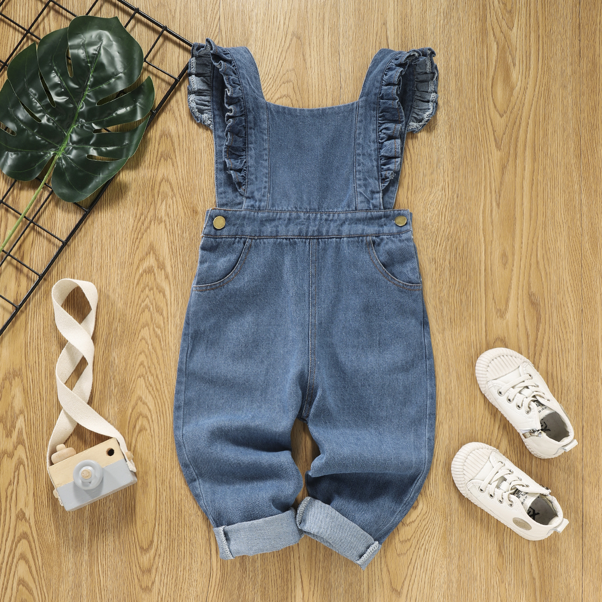 

Toddler Girl Ruffled Denim Overalls with Pocket