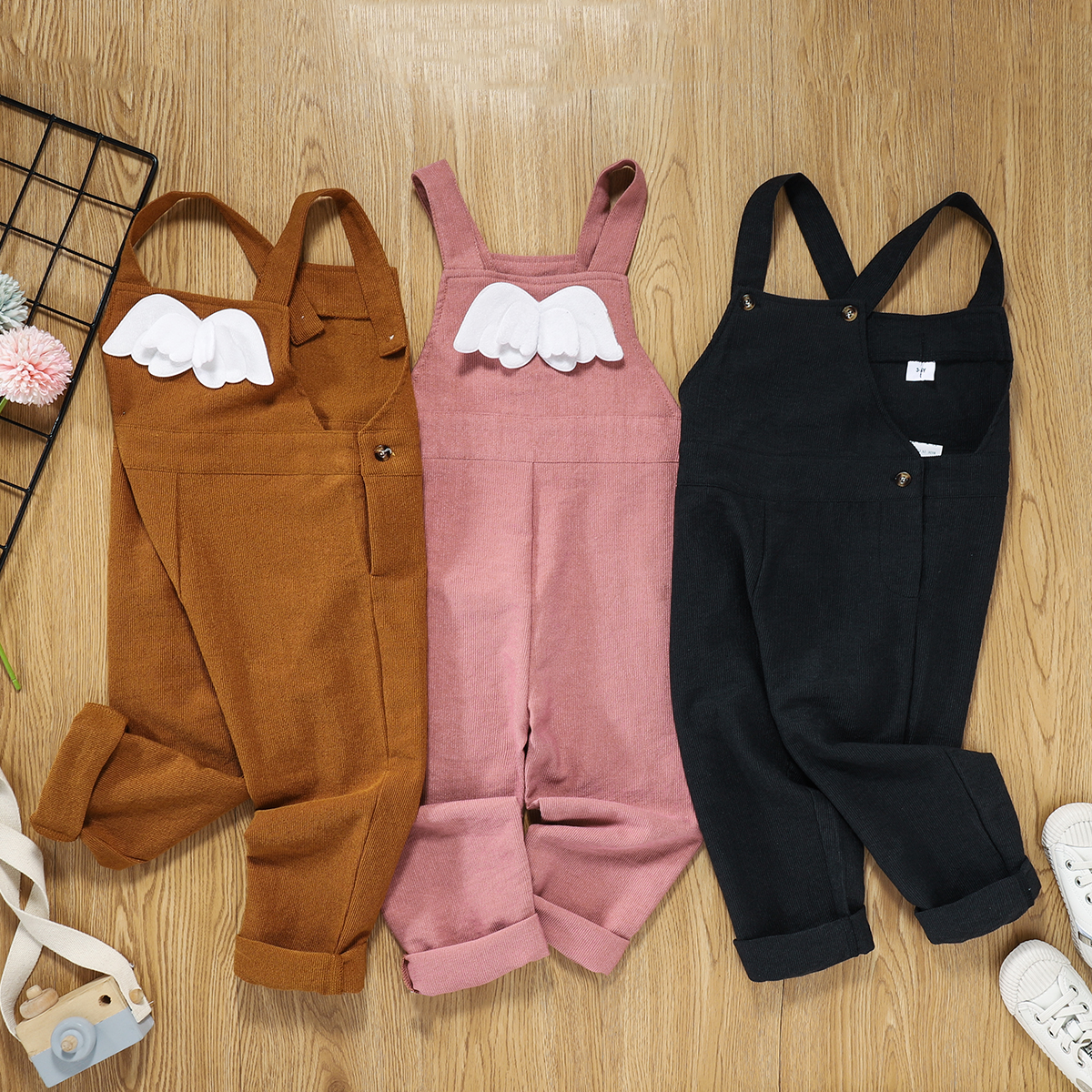 

Toddler Girl Button Design Back Wing Decor Casual Solid Overalls
