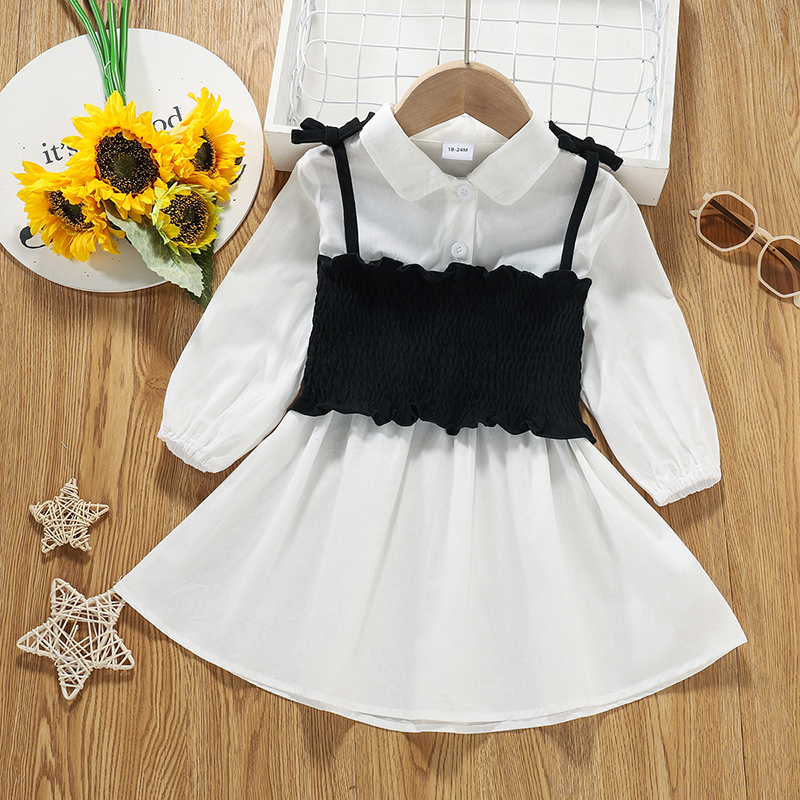 

2-piece Toddler Girl 100% Cotton Lapel Collar Button Design White Shirt Dress and Black Smocked Tank Set
