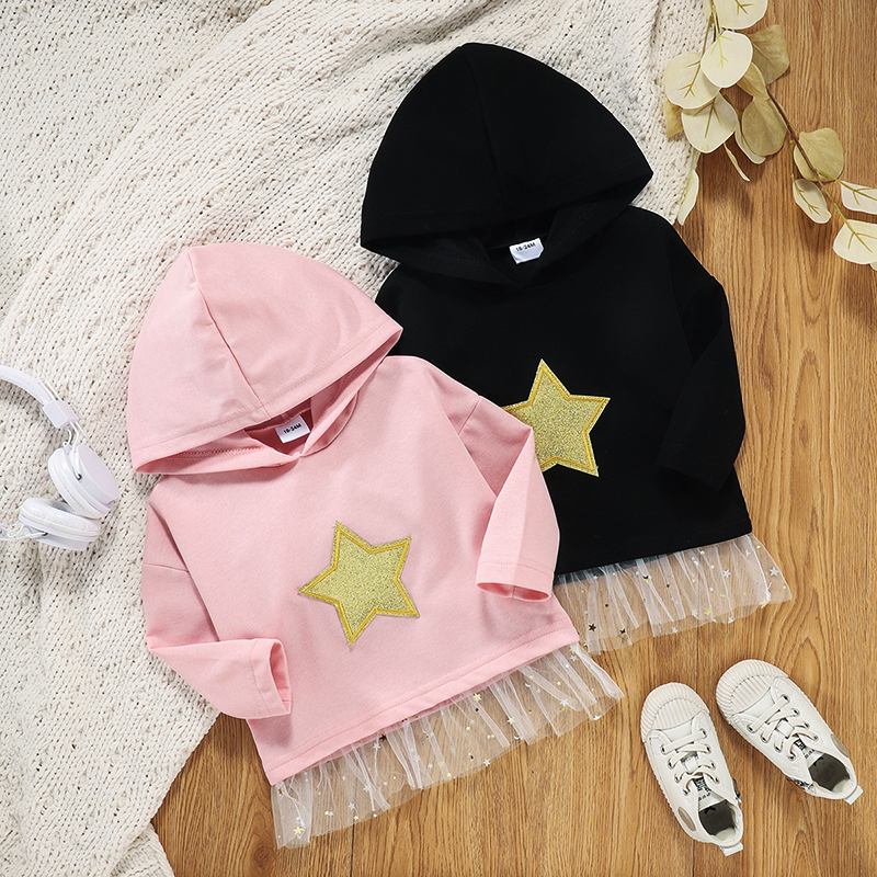 

Toddler Girl Star Glitter Embroidered Tulle Hem Hooded Sweatshirt