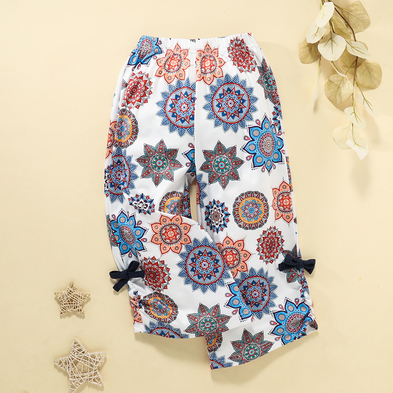 

Toddler Girl Floral Print Bowknot Design Boho Exotic Straight Pants