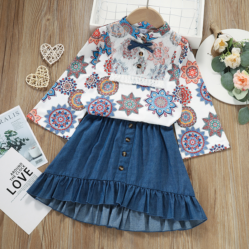 

2-piece Toddler Girl Lace Design Floral Print Exotic Long-sleeve Top and Ruffle Denim Skirt Set