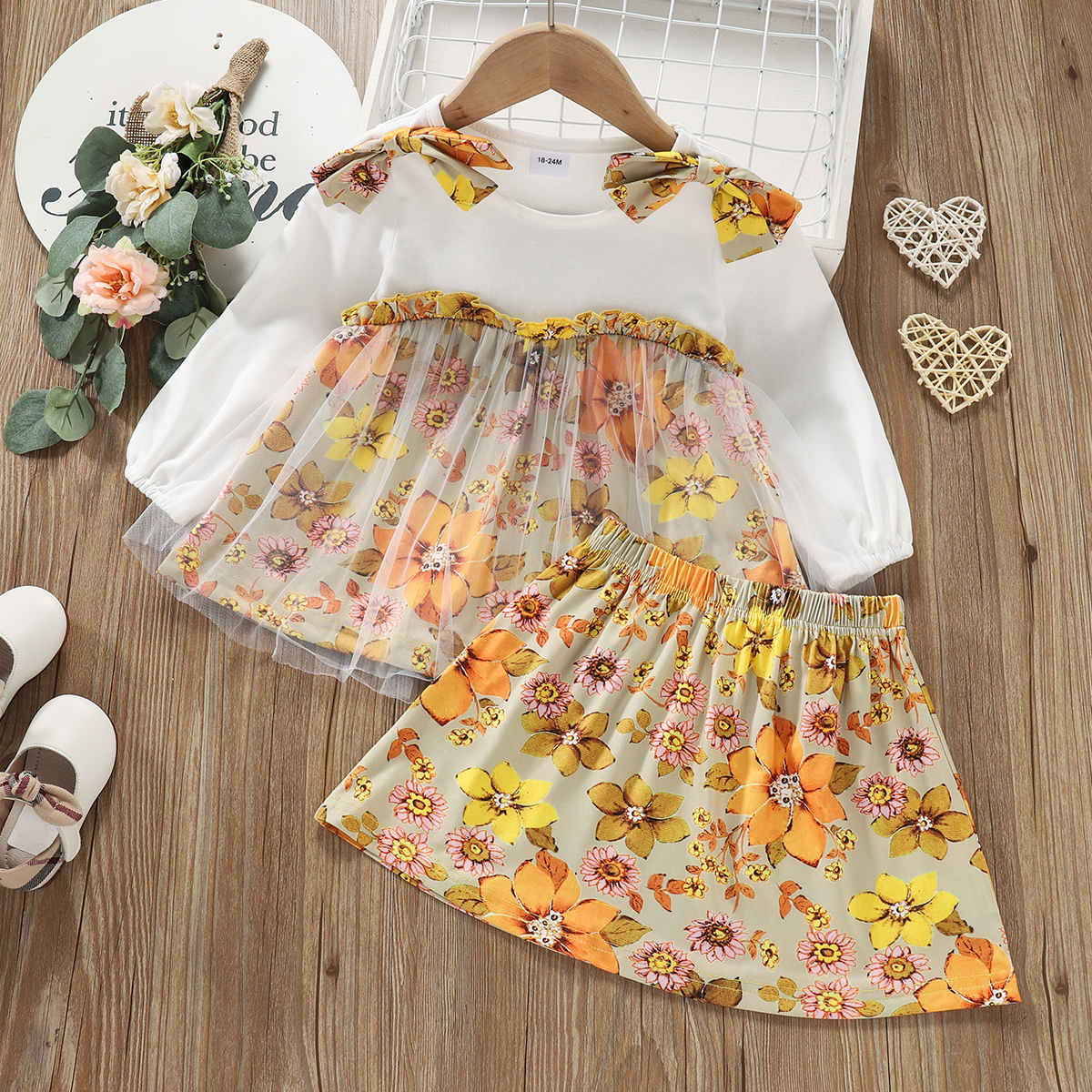 

2-piece Toddler Girl Floral Print Bowknot Design Mesh Long-sleeve Blouse and Skirt Set