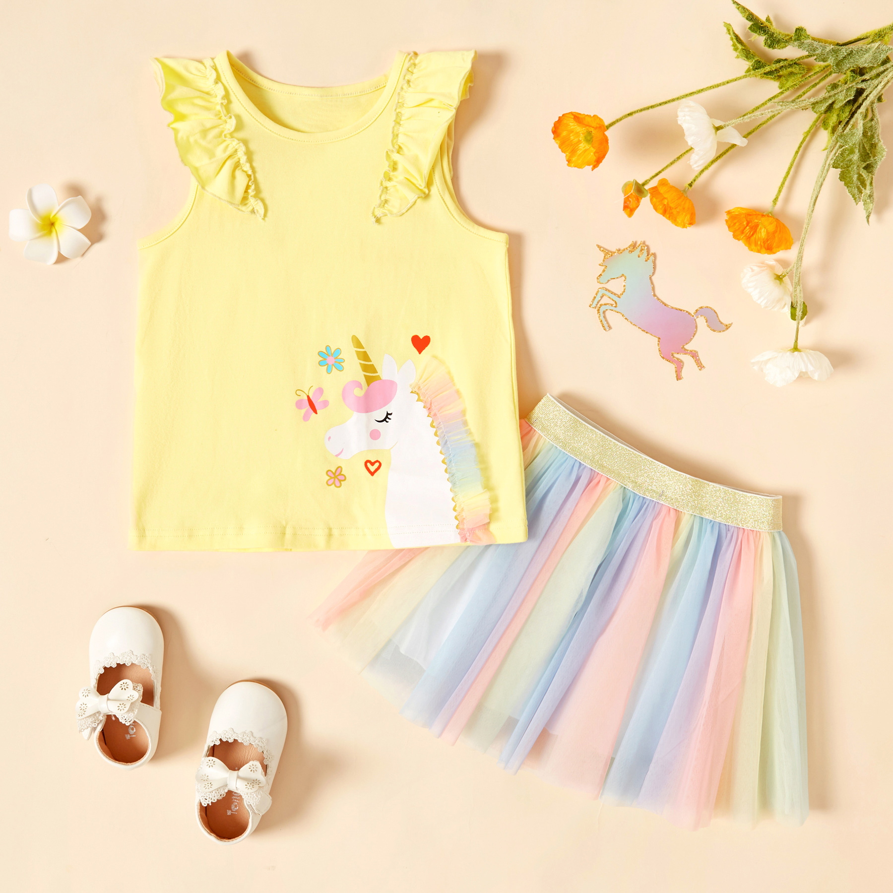 

2-piece Toddler Girl Unicorn Tee and Colorful Skirt Set