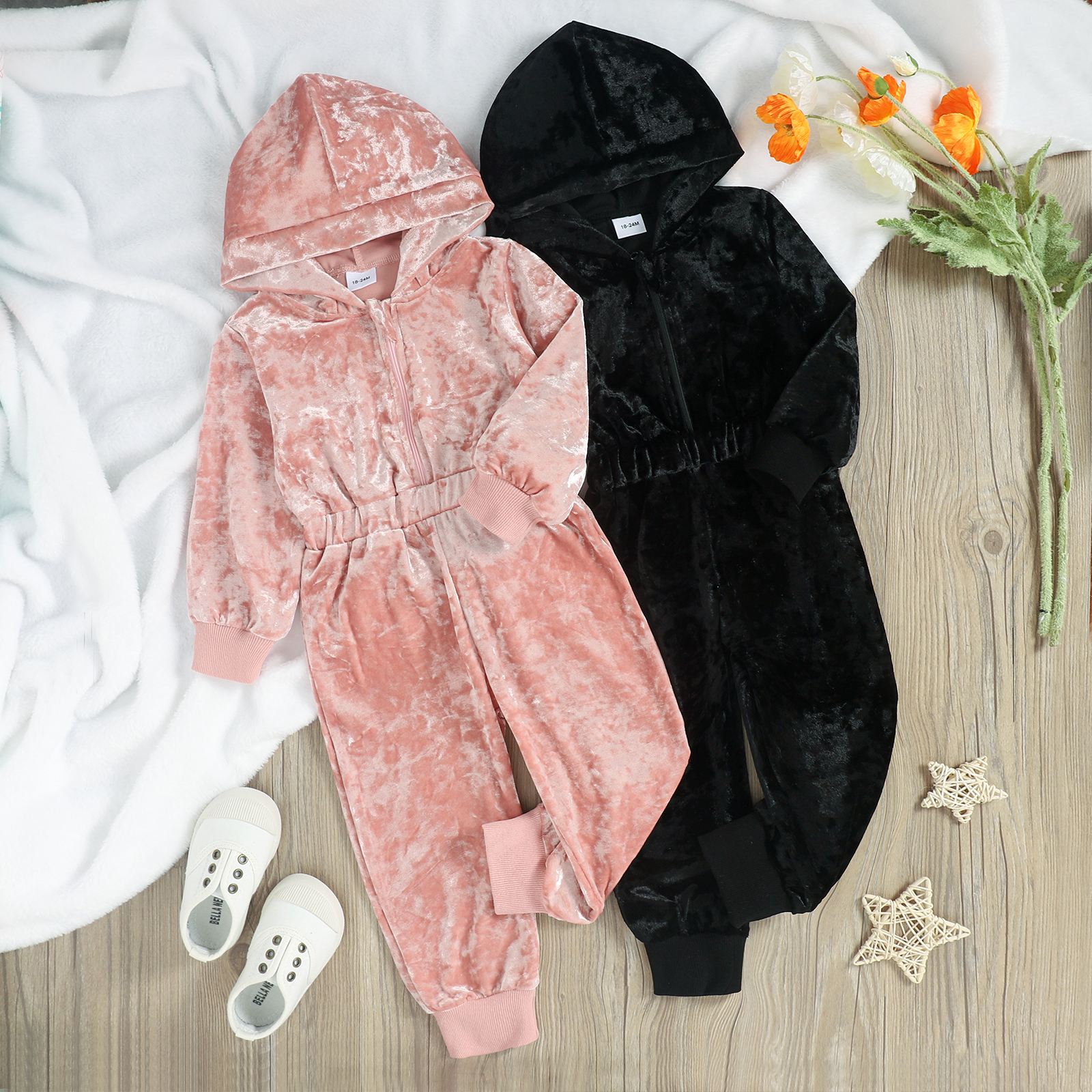 

Toddler Boy Solid Color Long-sleeve Hooded Velvet Jumpsuit