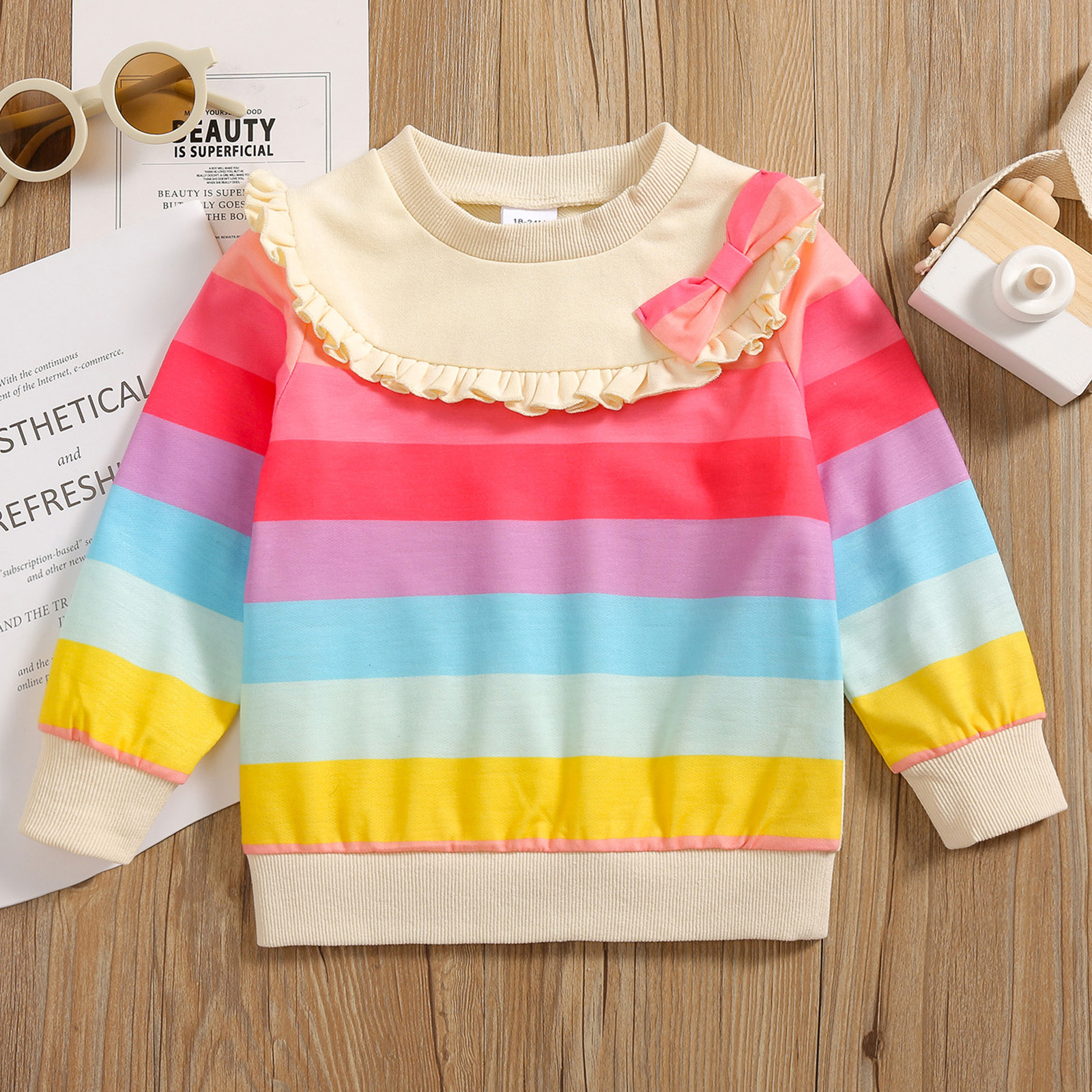 

Toddler Girl Rainbow Stripe Ruffled Bowknot Design Sweatshirt