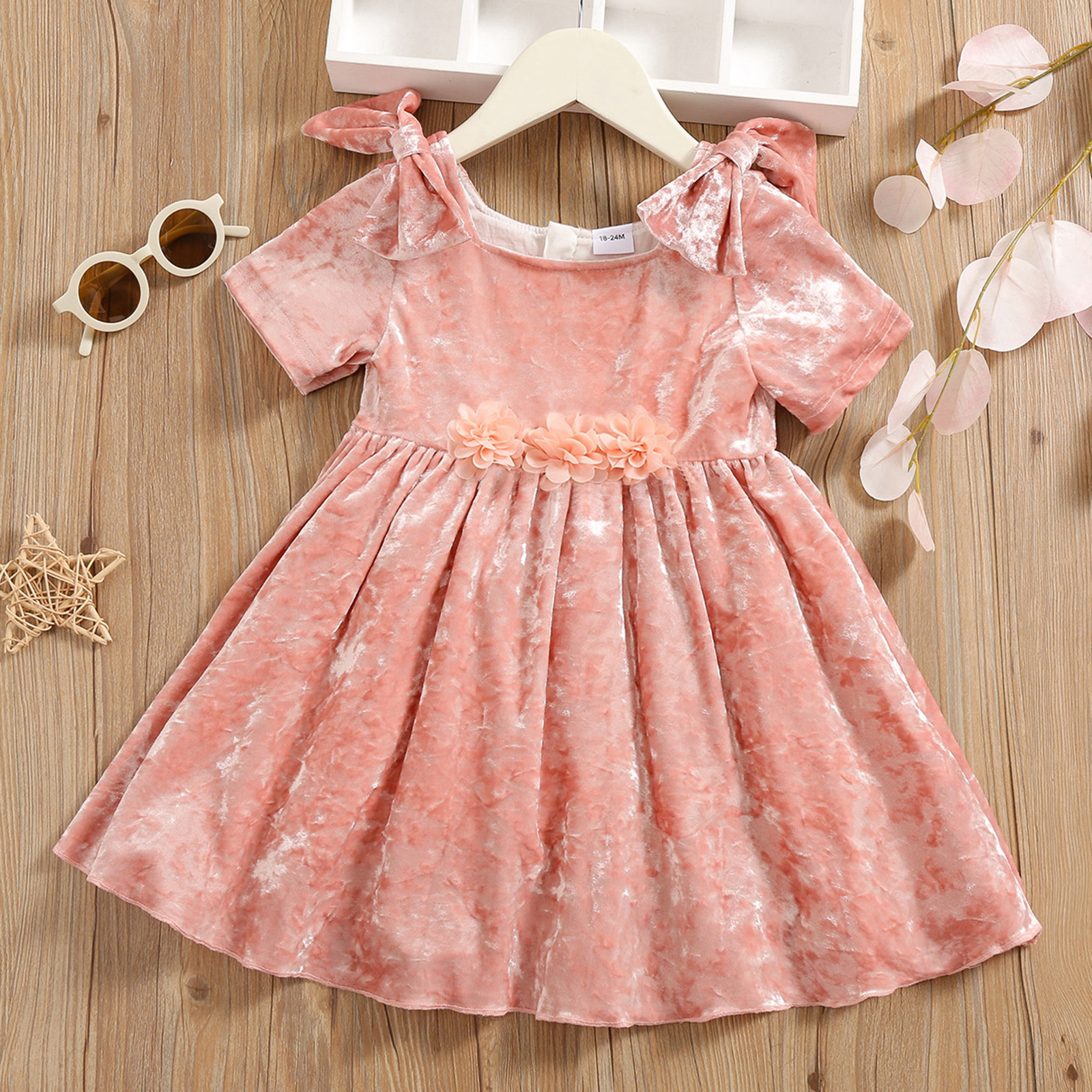 

Toddler Girl 3D Floral Embroidered Bowknot Design Princess Party Velvet Dress
