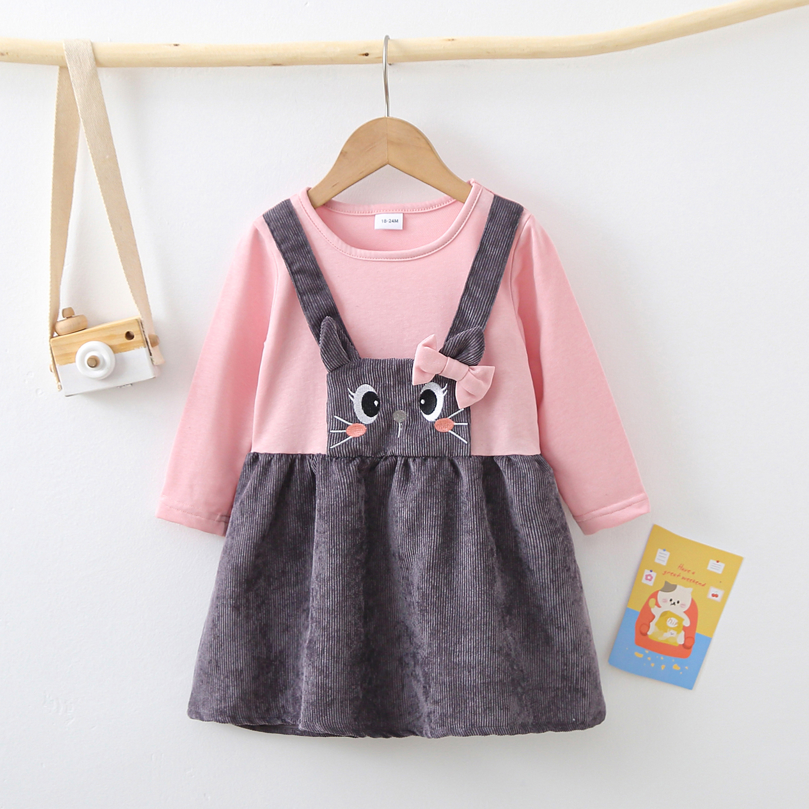 

Toddler Girl Cat Pattern Bowknot Design Faux-two Long-sleeve Dress