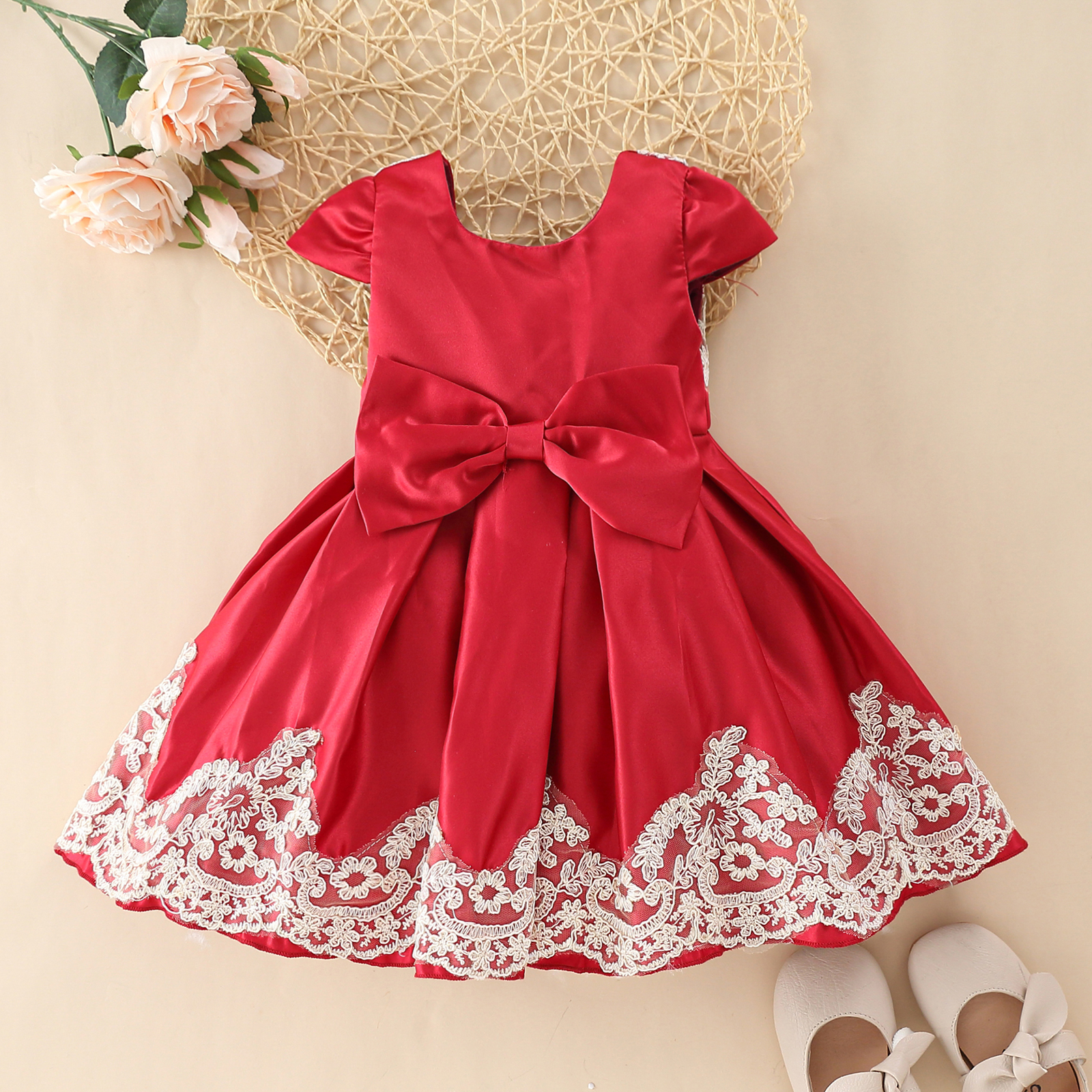 

Baby Floral Lace Splicing Red Short-sleeve Princess Party Dress