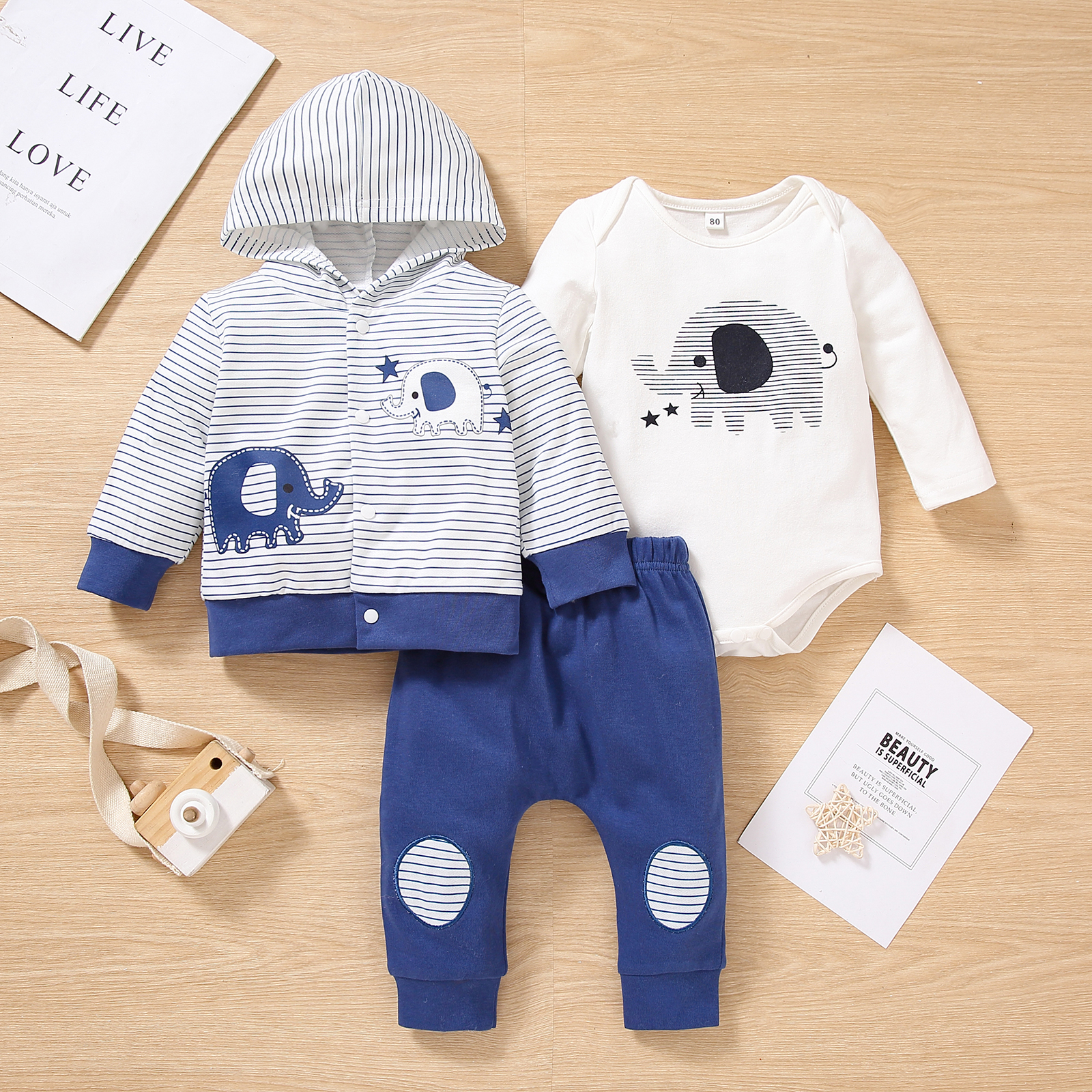 

3pcs Baby Cartoon Elephant Pattern Striped Long-sleeve Hoodie with Trousers and Romper Set