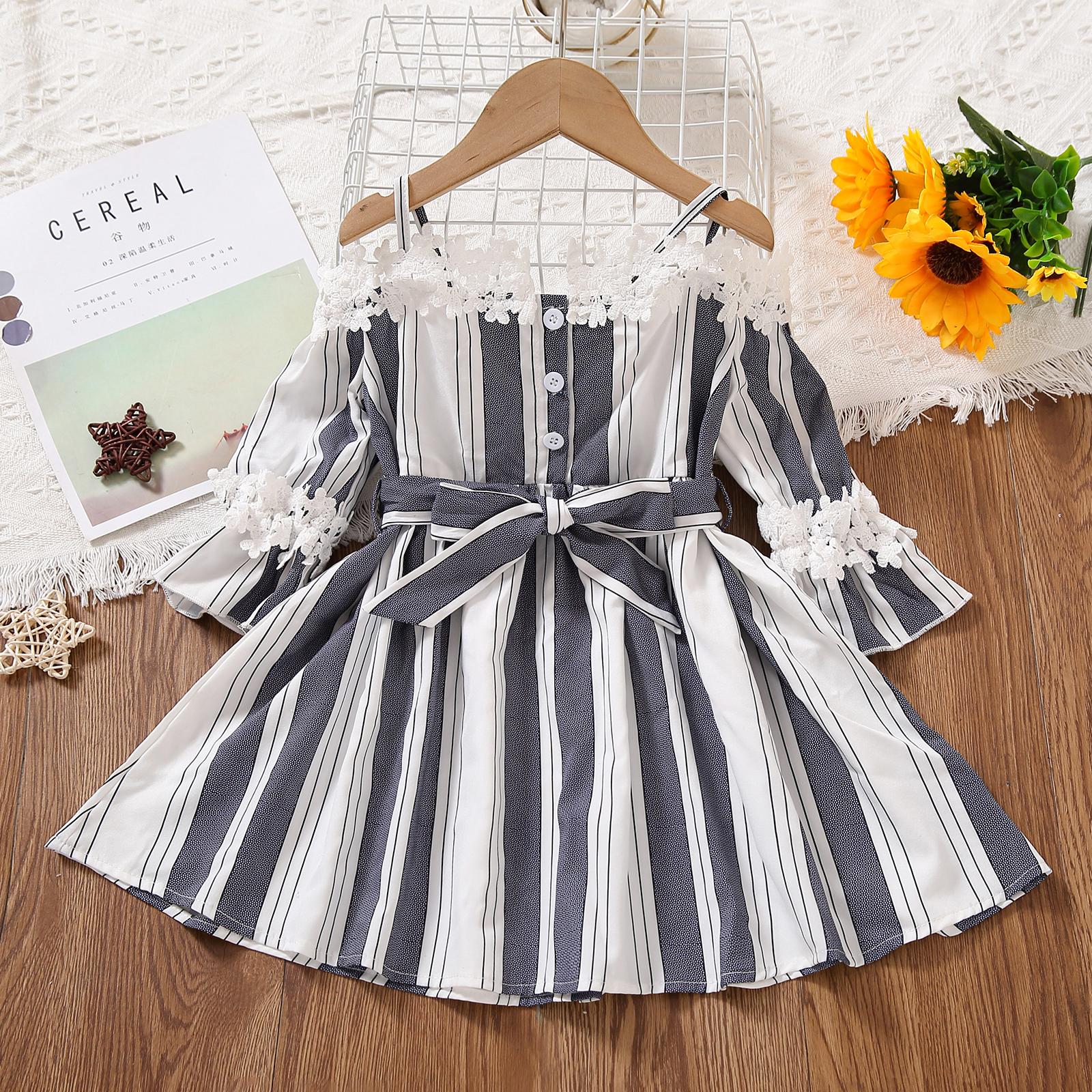 

Toddler Girl Off Shoulder Floral Design Stripe Belted Long-sleeve Strap Dress