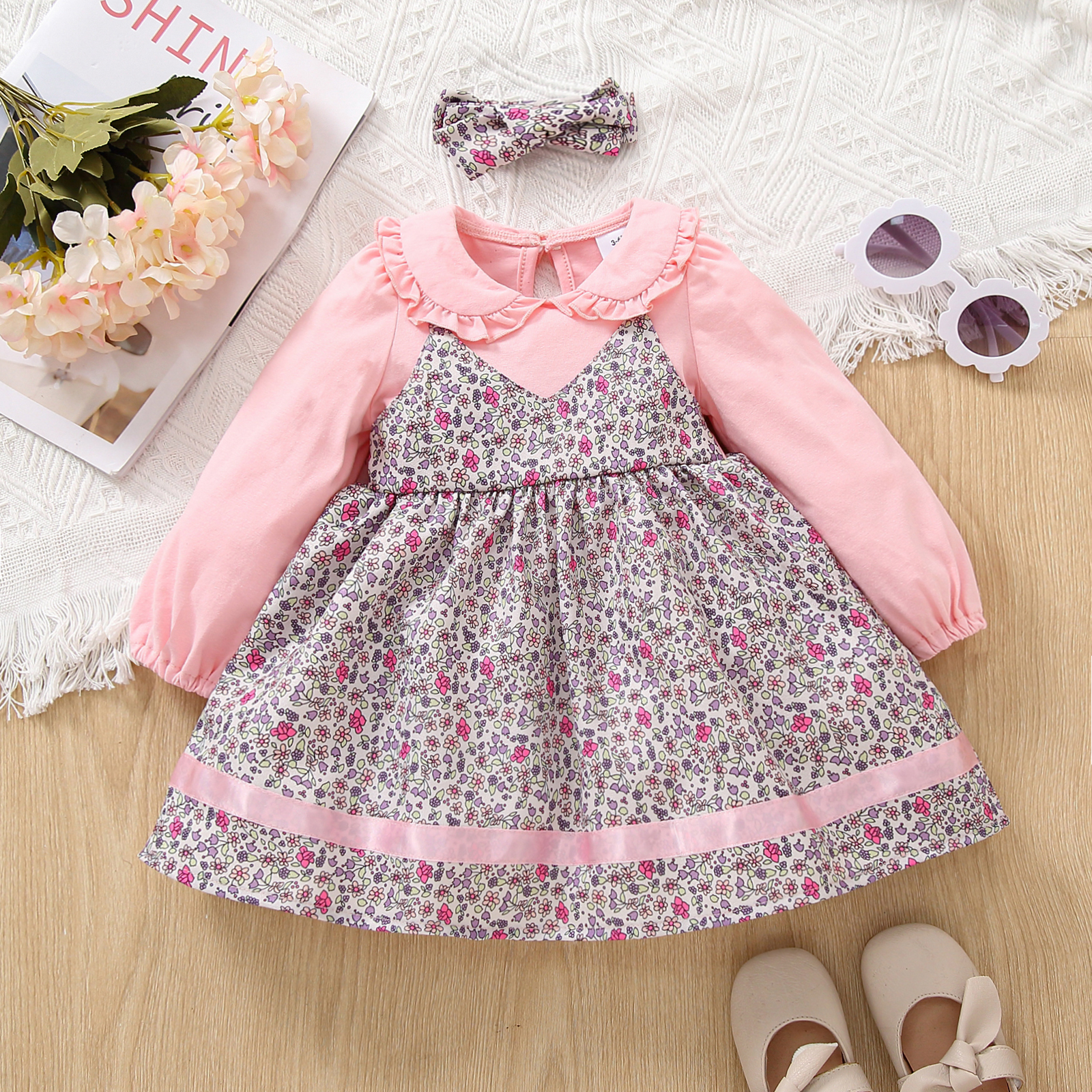 

2-piece Baby Girl Faux-two Doll Collar Floral Print Long-sleeve Dress and Headband Set