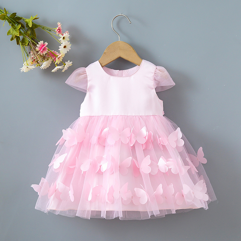 

Baby Girl Pink 3D Butterfly Appliques Mesh Short-sleeve Princess Party Dress