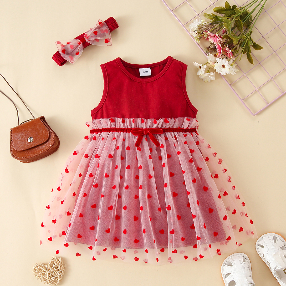 

2pcs Baby Girl All Over Love Heart Design Red Sleeveless Mesh Dress Set