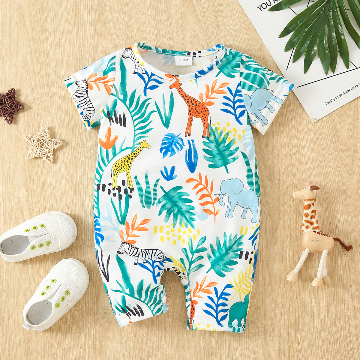 

Baby Boy Allover Animal and Plant Print Short-sleeve Jumpsuit