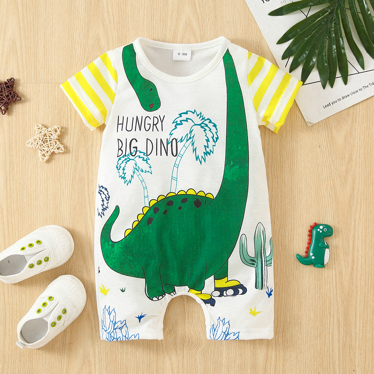 

Baby Boy Cartoon Dinosaur and Letter Print Striped Short-sleeve Jumpsuit