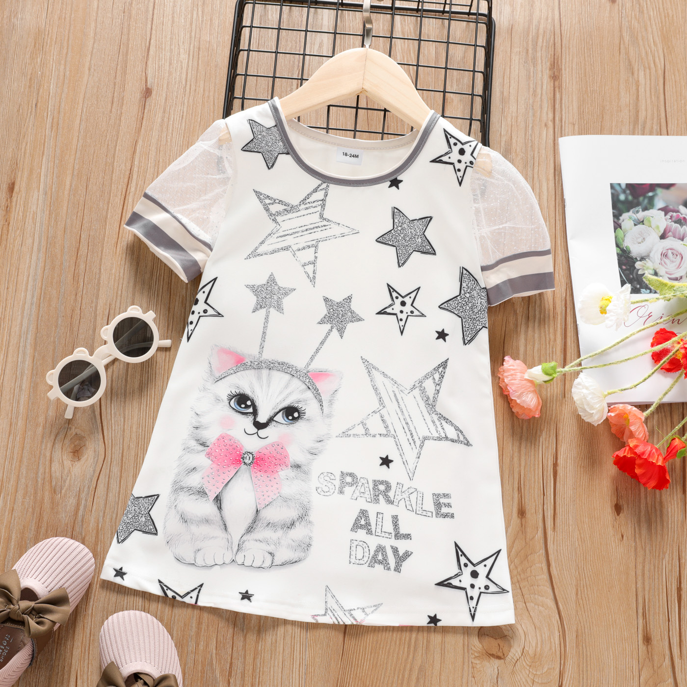 

Toddler Girl Animal Cat Letter Stars Print Mesh Short-sleeve Dress