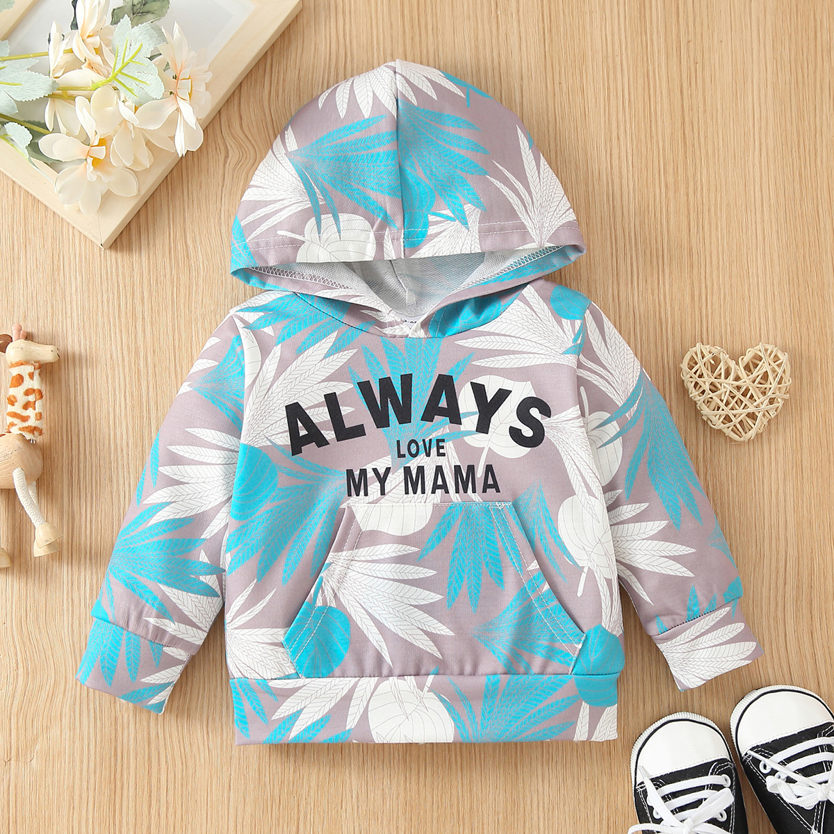 

Baby Boy/Girl All Over Leaves and Letter Print Long-sleeve Hoodie with Pocket