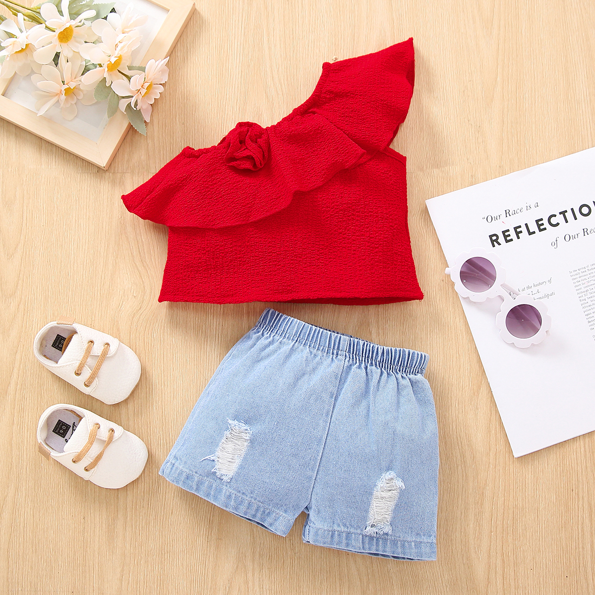 

2pcs Baby Girl Solid One Shoulder Sleeveless Ruffle Top and 100% Cotton Ripped Denim Shorts Set