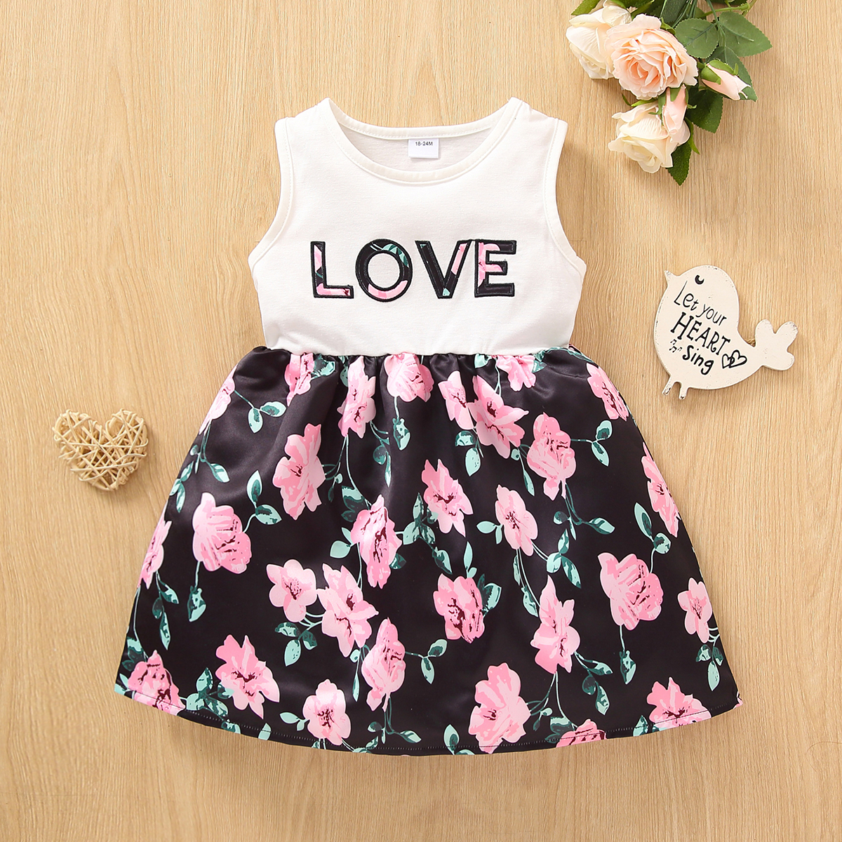 

Toddler Girl Letter Floral Print Splice Sleeveless Dress