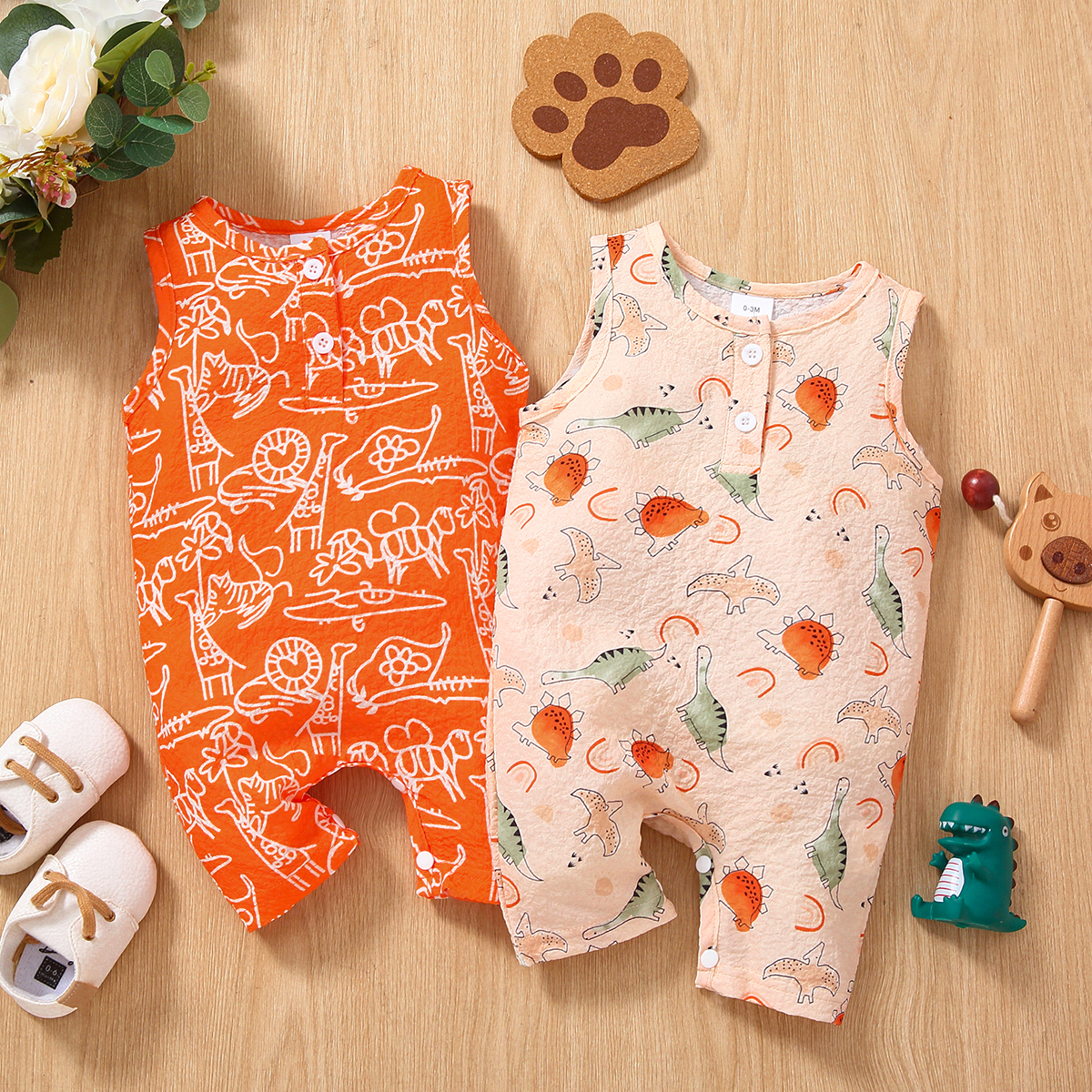 

Baby Boy Button Design Allover Dinosaur Print Sleeveless Tank Jumpsuit