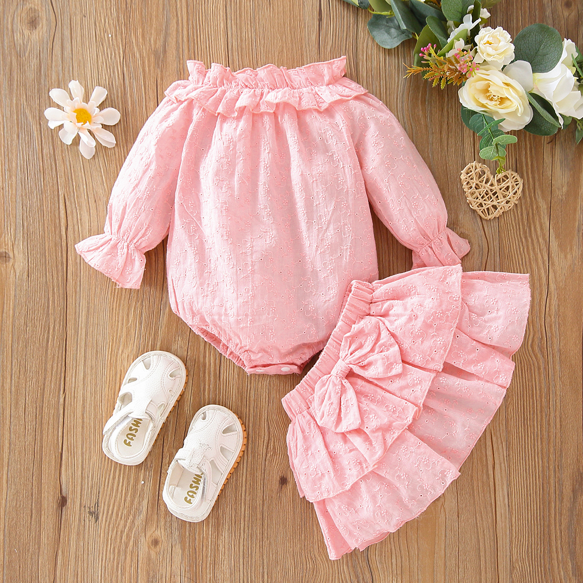 

100% Cotton 2pcs Baby Girl Floral Embroidered Pink Off Shoulder Long-sleeve Ruffle Romper and Layered Skirt Set