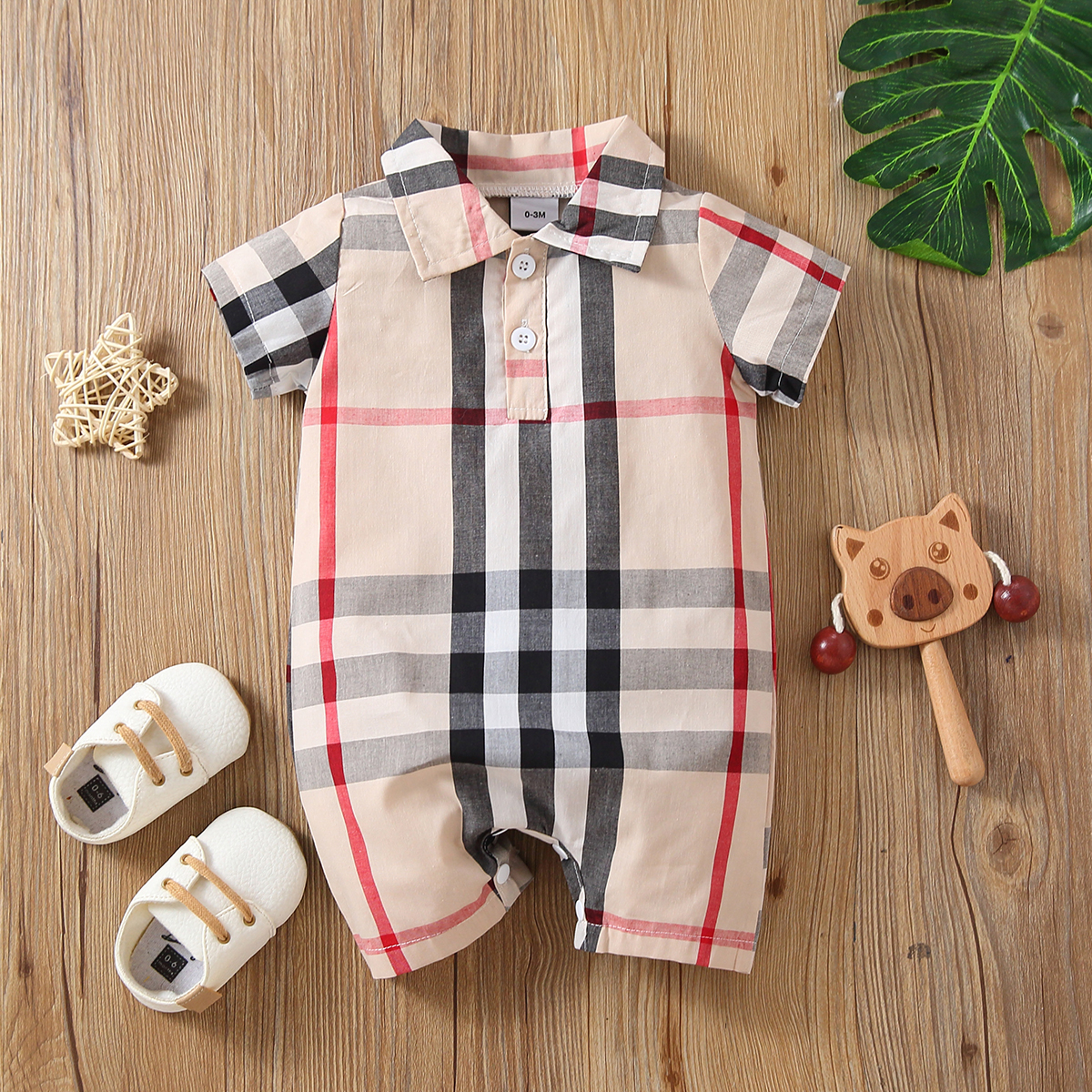 

100% Cotton Baby Boy Plaid Short-sleeve Button Up Romper