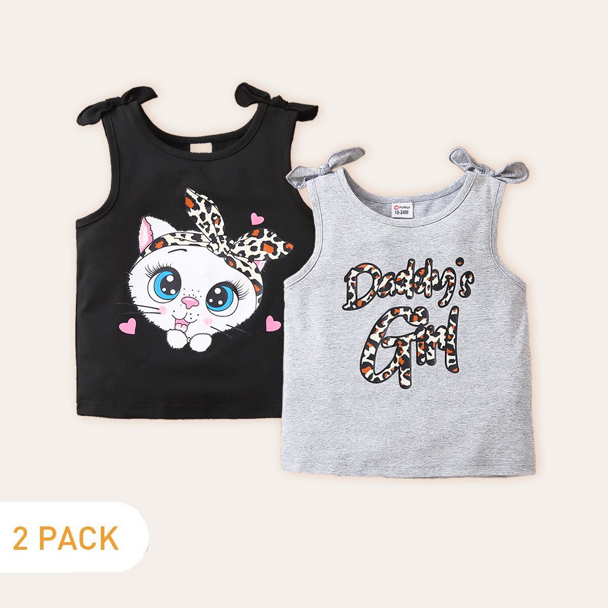 

2-Pack Toddler Girl Letter Leopard/Cat Print Bowknot Design Tank Top