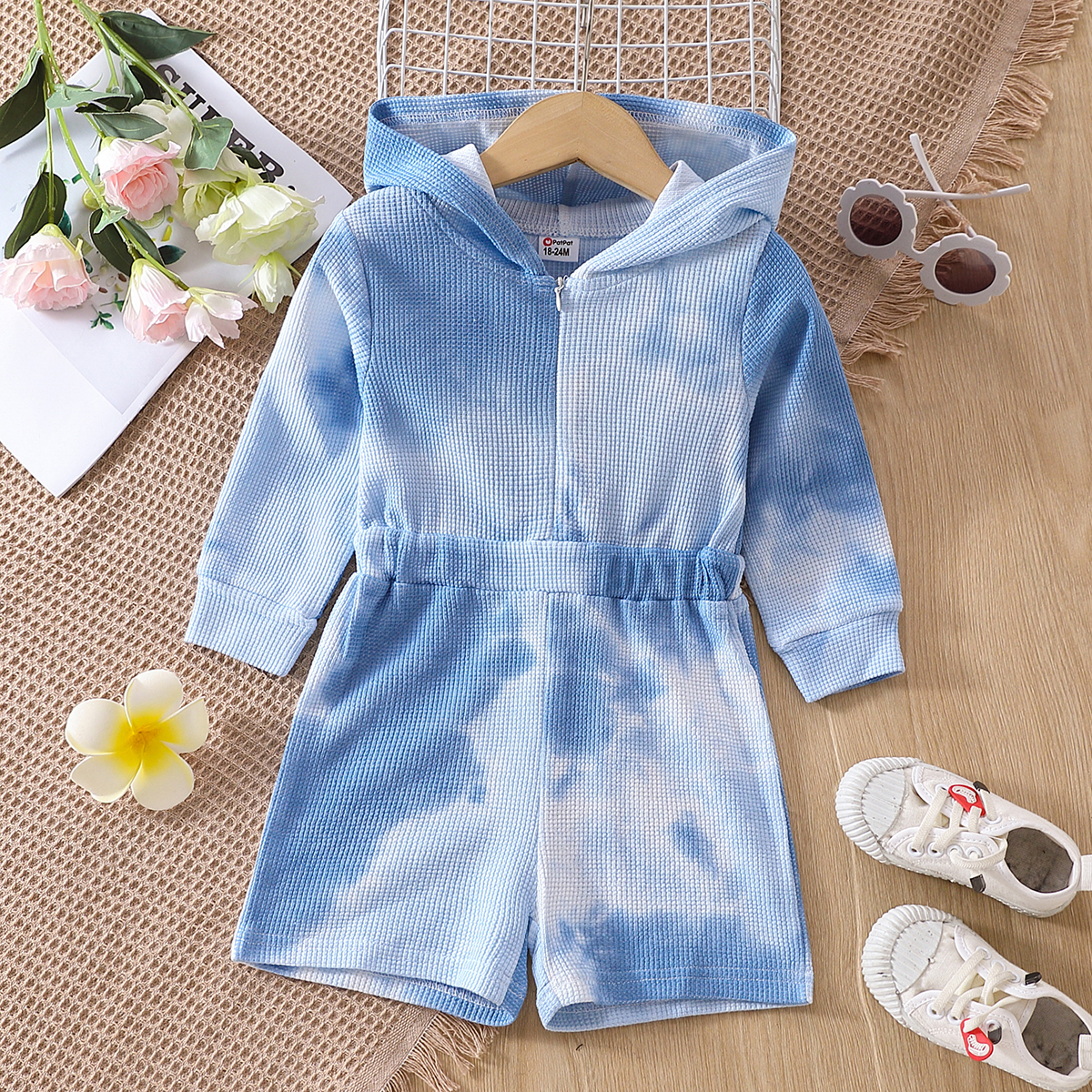 

Toddler Girl Tie Dyed Zipper Hooded Long-sleeve Blue Waffle Rompers