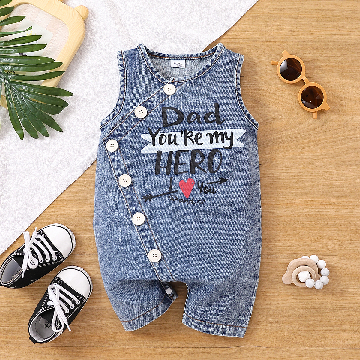 

100% Cotton Baby Boy/Girl Button Front Love Heart & Letter Print Denim Tank Romper